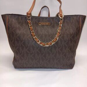 Michael Kors Handbag Brown Signature Harper Large Tote Logo Gold Chain East West